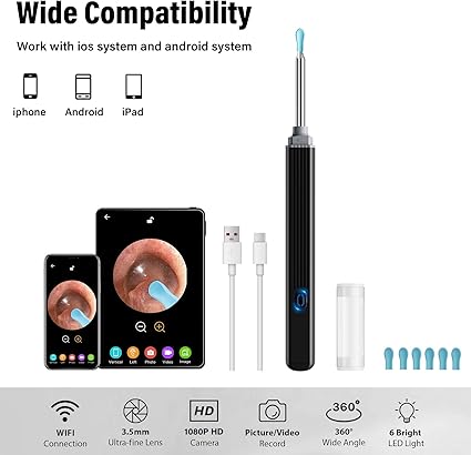 1080P WiFi Ohrreiniger mit Kamera | Ohrenschmalz Entferner, Endoskop mit 360° Sicht & 6 LEDs – IP67 Wasserdicht