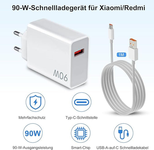 90W 6A Turbo Fast Charger for Xiaomi 11 12 Lite 13T 14 Ultra Redmi Note 11T 12T 13 15Pro POCO F4 X5 USB Type C Charging Cable