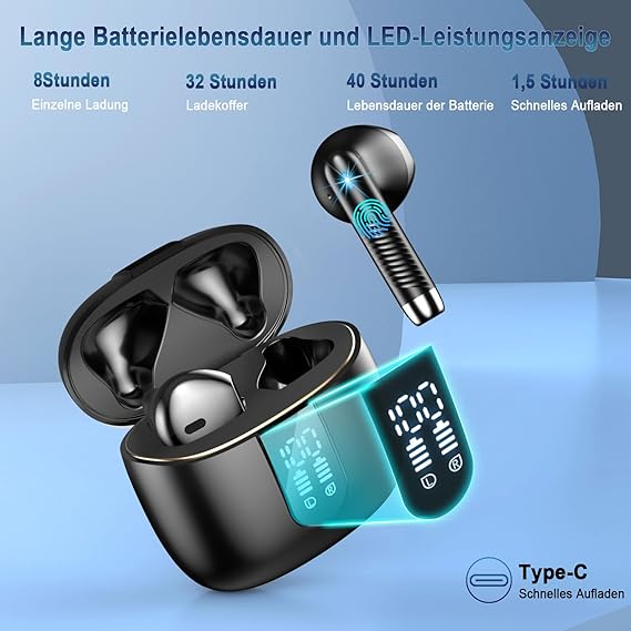 Bluetooth 5.3 In-Ear Kopfhörer | 48h Akku, Deep Bass, ENC Noise Canceling & IP7 Wasserdicht